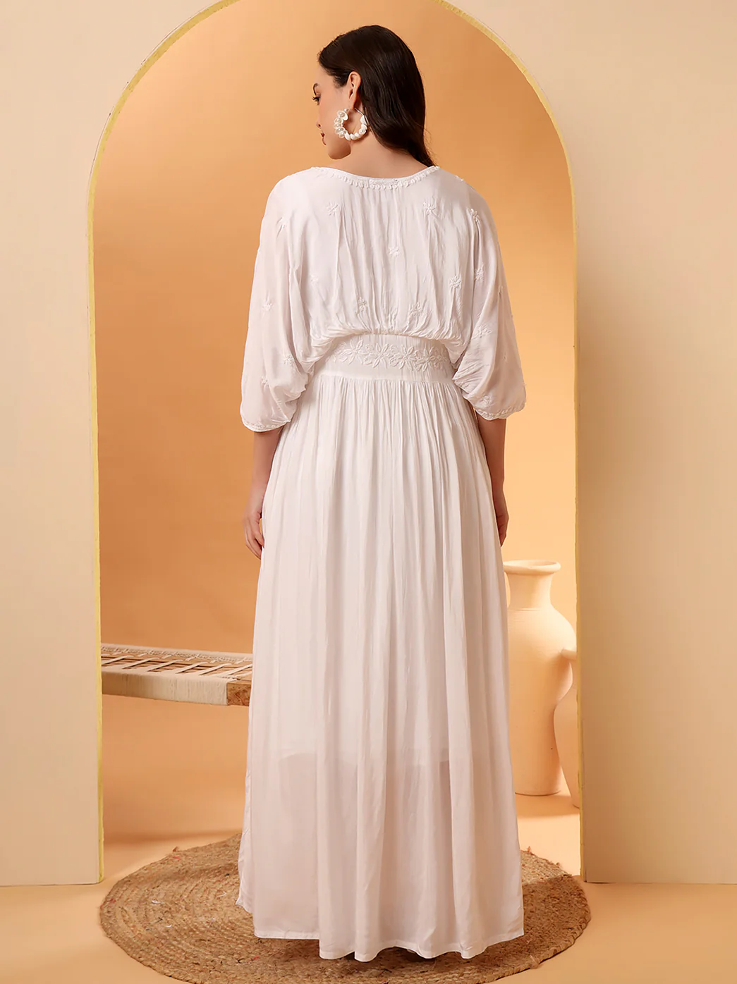 White Muslin Chikankari Kimono Boho Kaftan - Image 6