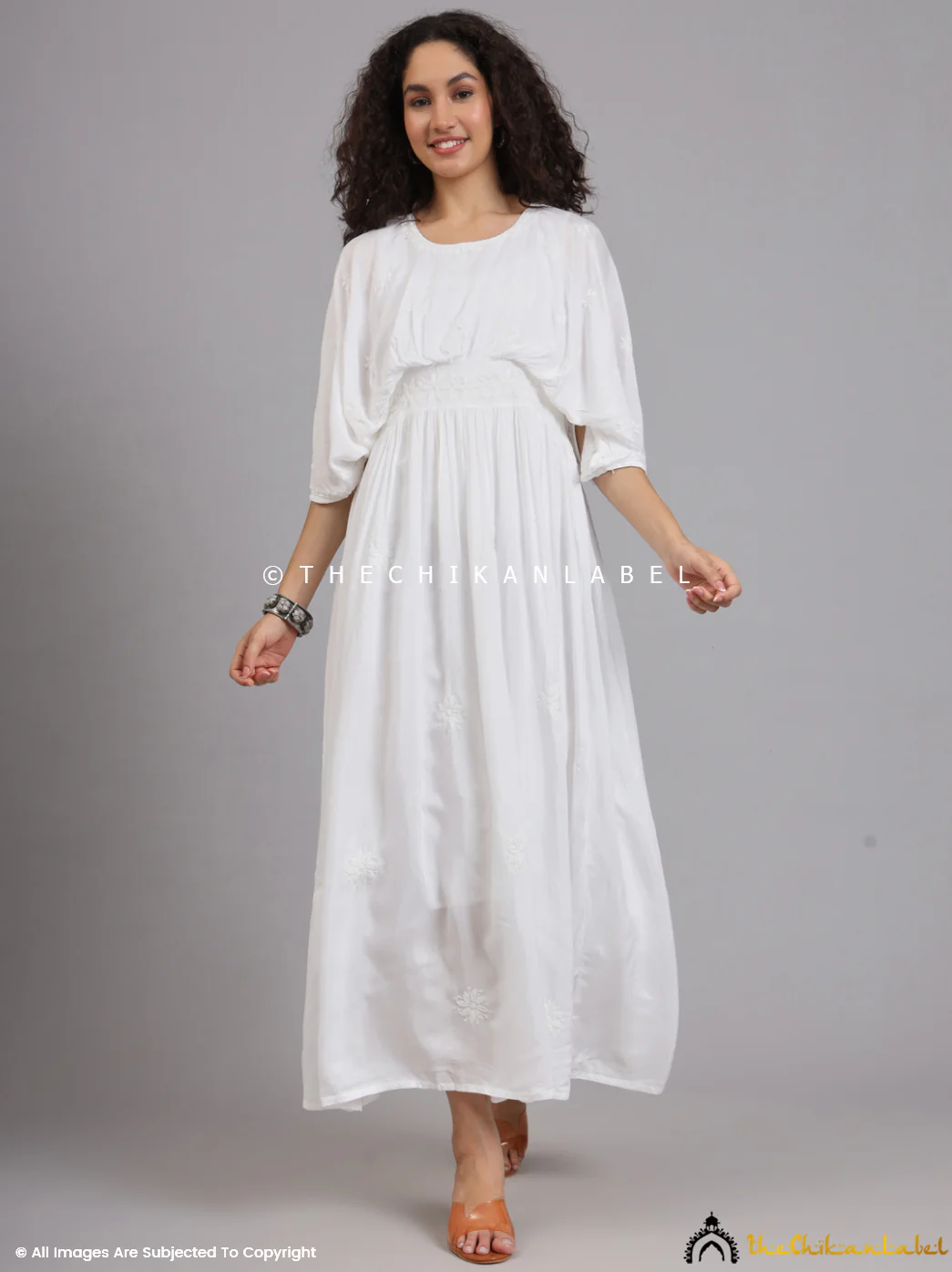 White Muslin Chikankari Kimono Boho Kaftan - Image 7
