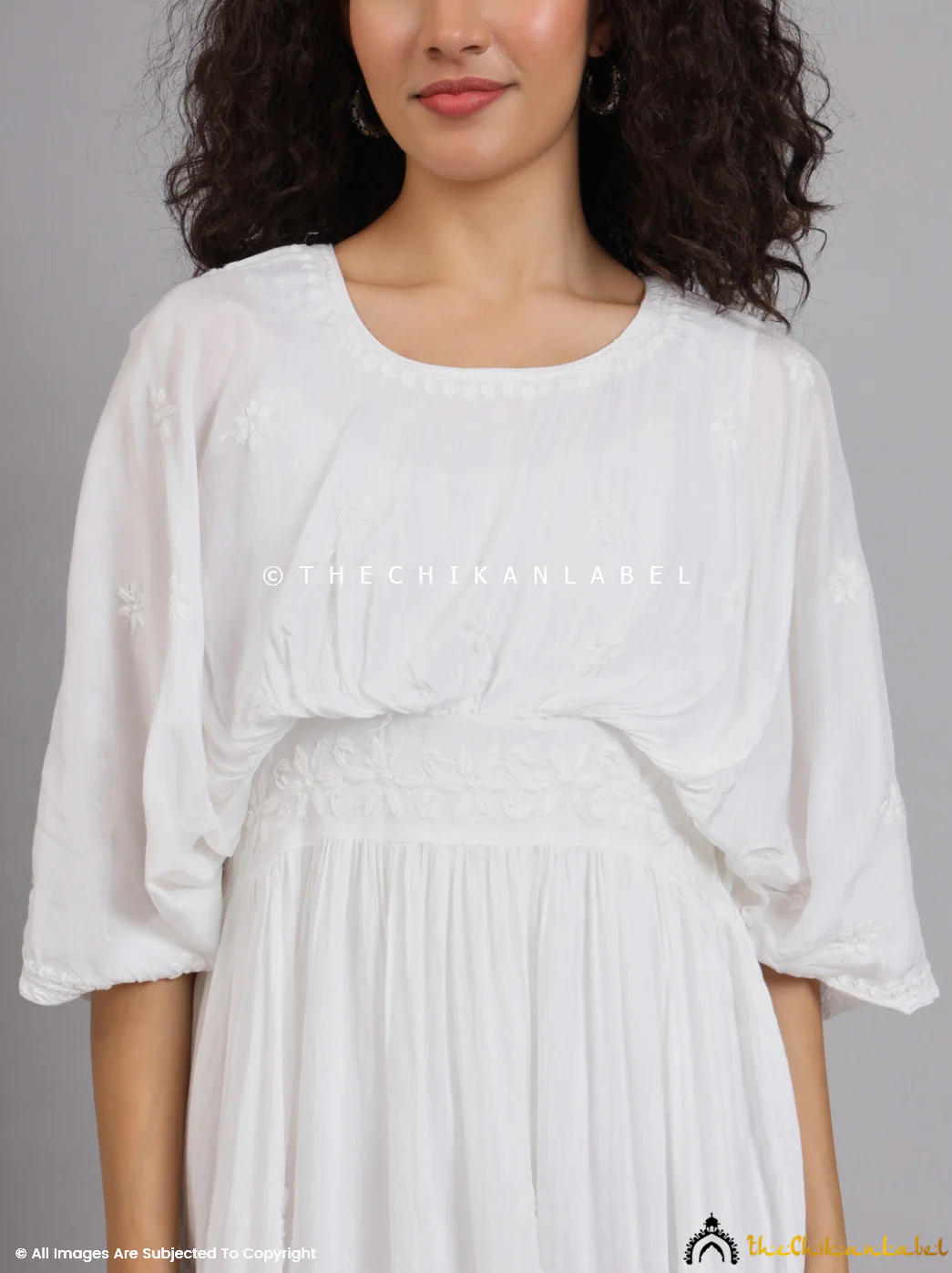 White Muslin Chikankari Kimono Boho Kaftan - Image 8