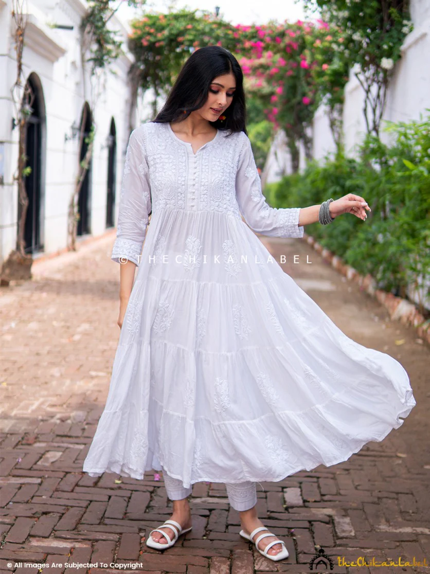 White Muslin Masakkali Tier Gown Lucknowi Chikankari Flare Kurti - Image 10