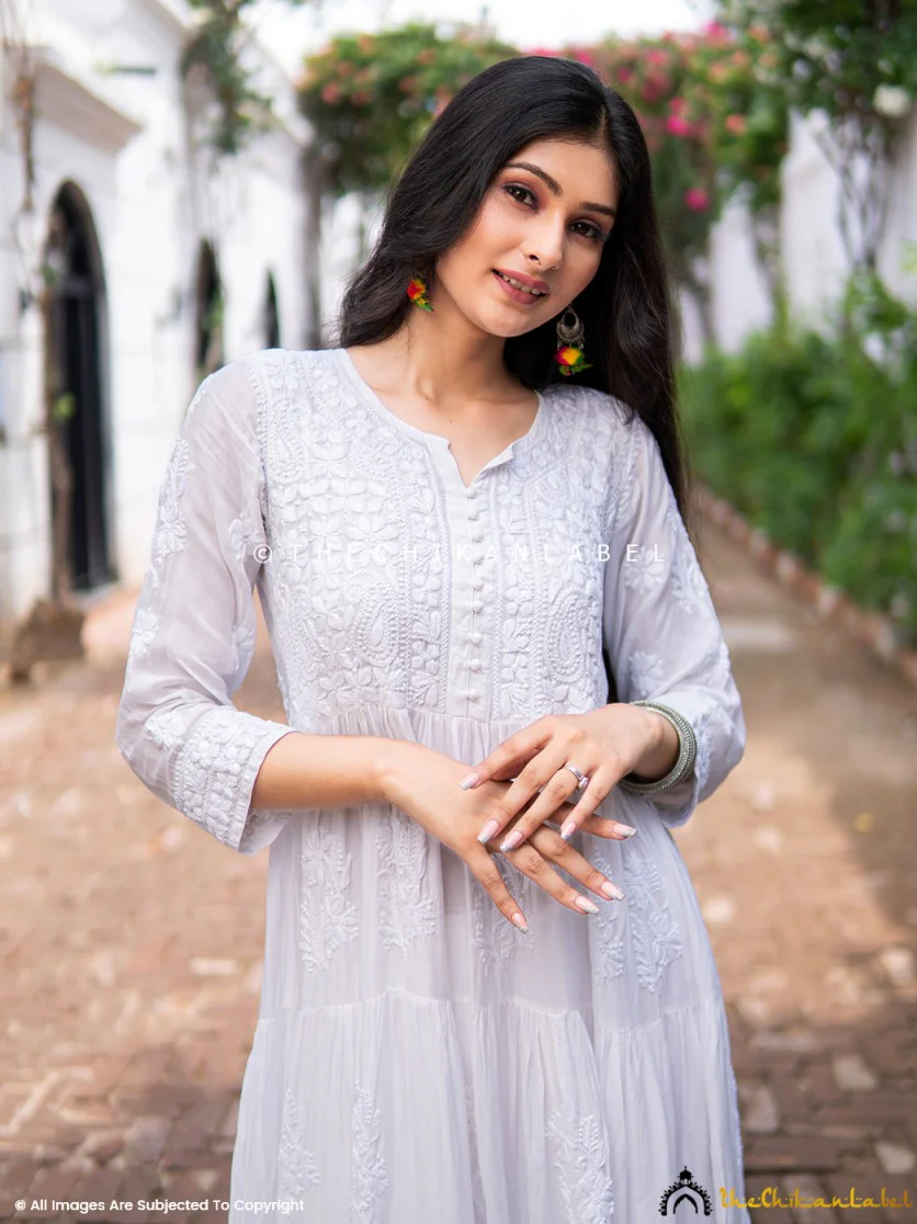 White Muslin Masakkali Tier Gown Lucknowi Chikankari Flare Kurti - Image 11