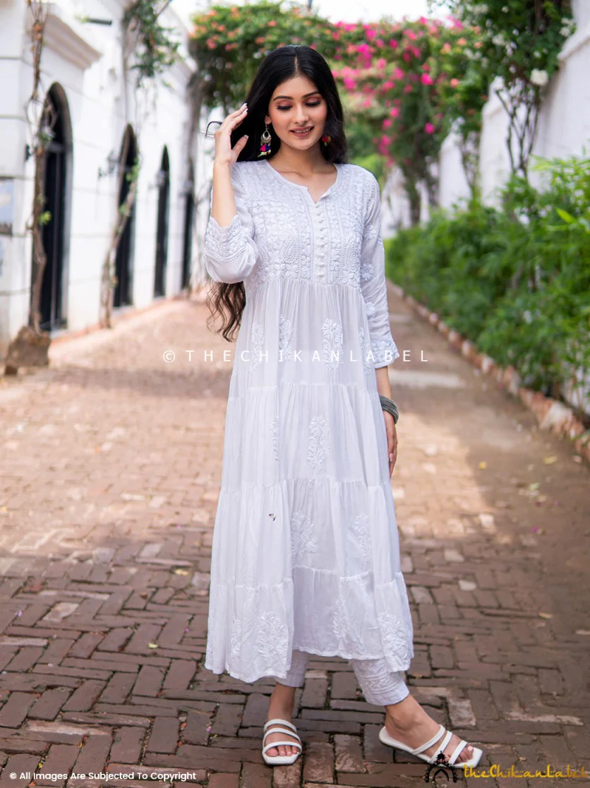 White Muslin Masakkali Tier Gown Lucknowi Chikankari Flare Kurti - Image 12
