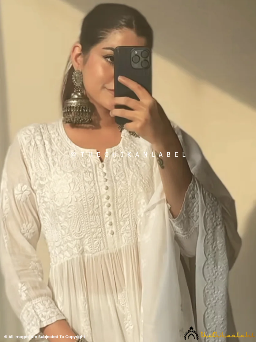 White Muslin Masakkali Tier Gown Lucknowi Chikankari Flare Kurti - Image 3
