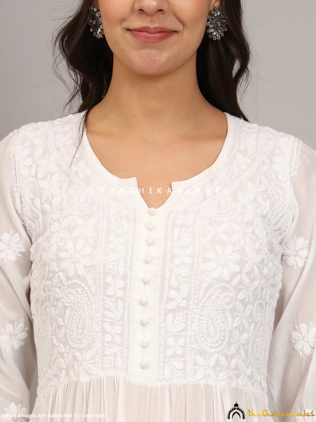White Muslin Masakkali Tier Gown Lucknowi Chikankari Flare Kurti - Image 4