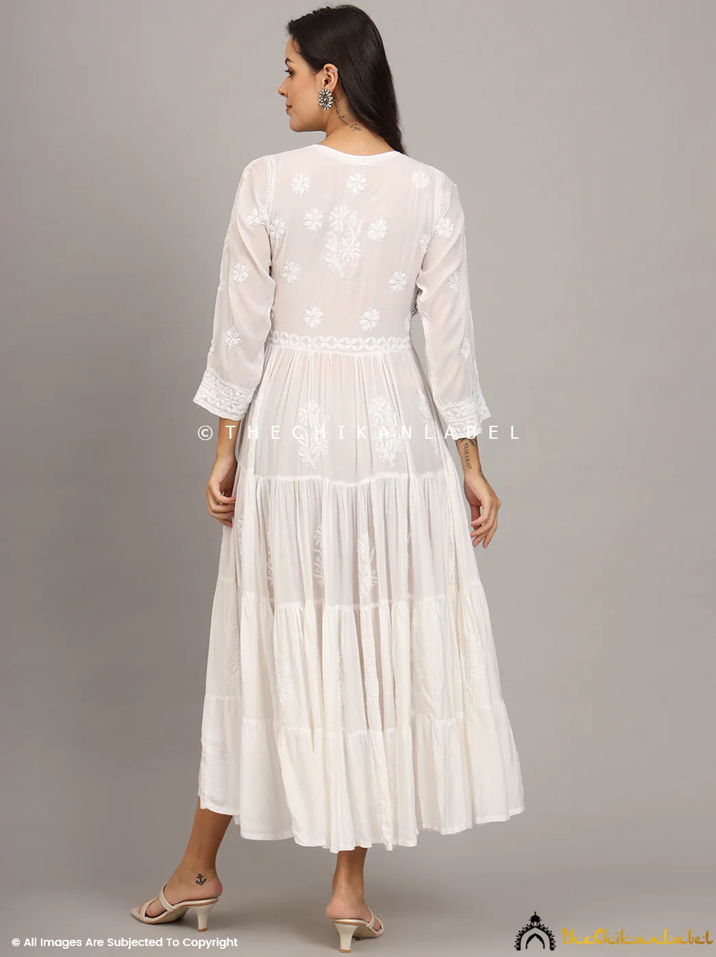 White Muslin Masakkali Tier Gown Lucknowi Chikankari Flare Kurti - Image 5