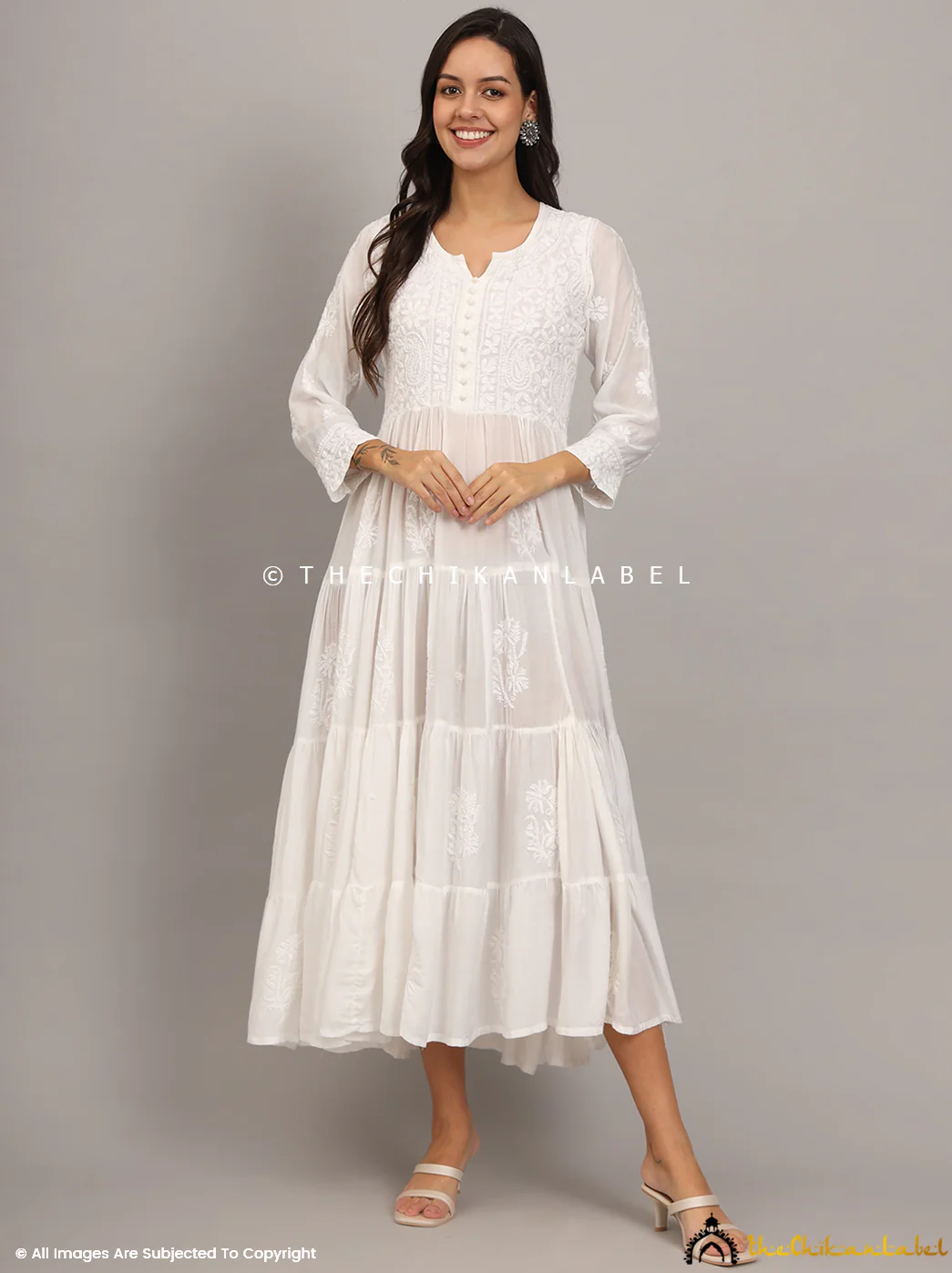 White Muslin Masakkali Tier Gown Lucknowi Chikankari Flare Kurti - Image 6