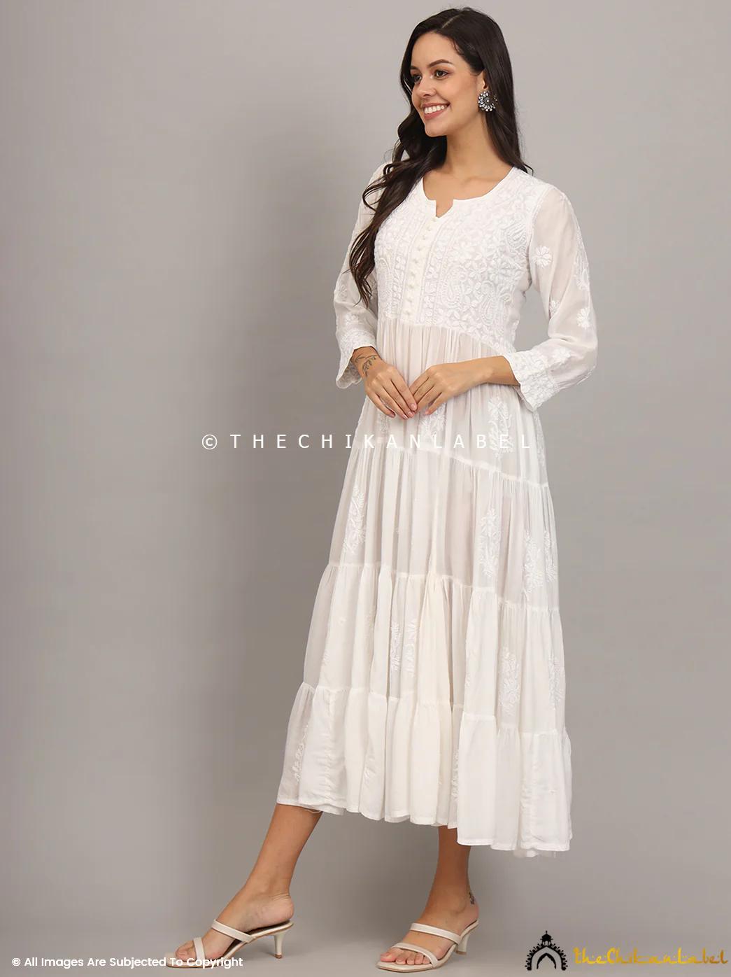 White Muslin Masakkali Tier Gown Lucknowi Chikankari Flare Kurti - Image 7