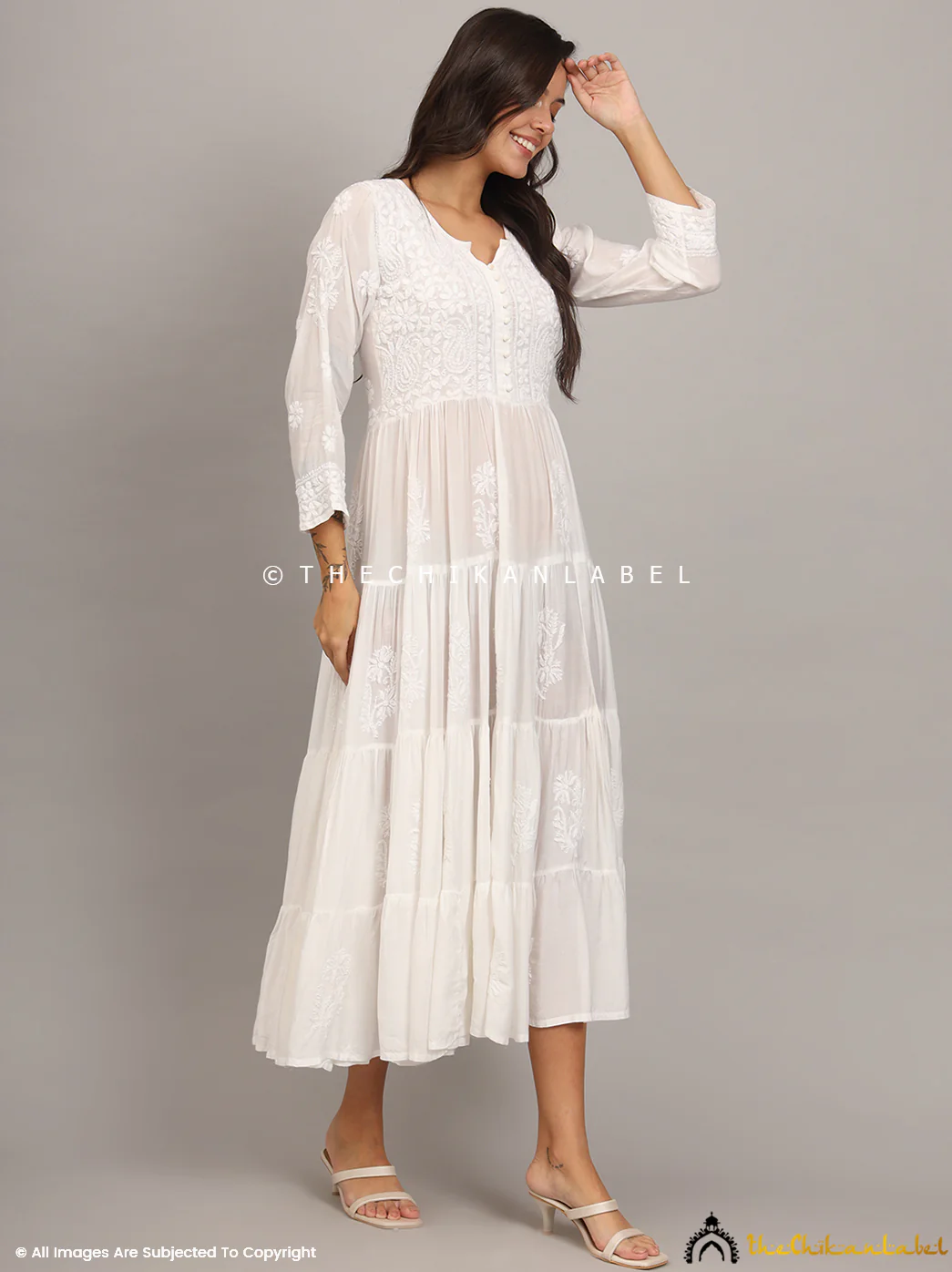 White Muslin Masakkali Tier Gown Lucknowi Chikankari Flare Kurti - Image 8