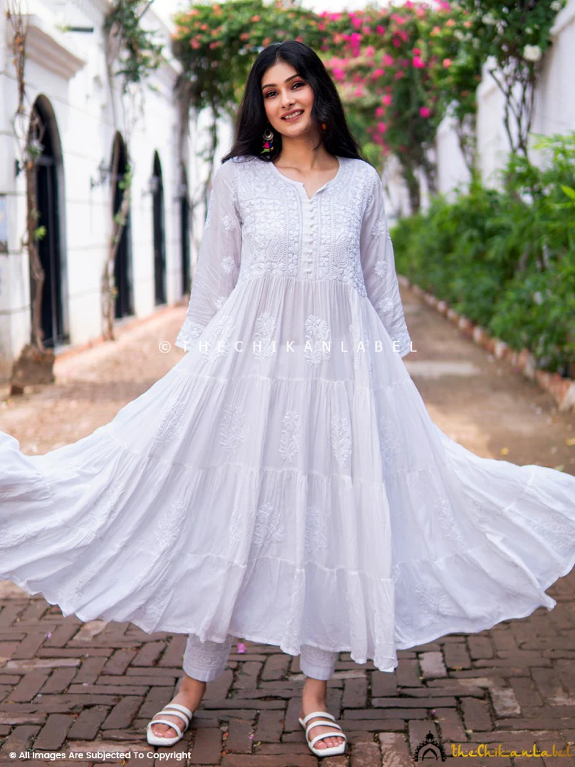 White Muslin Masakkali Tier Gown Lucknowi Chikankari Flare Kurti - Image 9