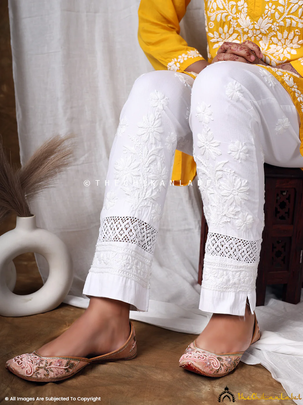 Nadia Lycra Straight Chikankari Cigarette Pant - White - Image 3