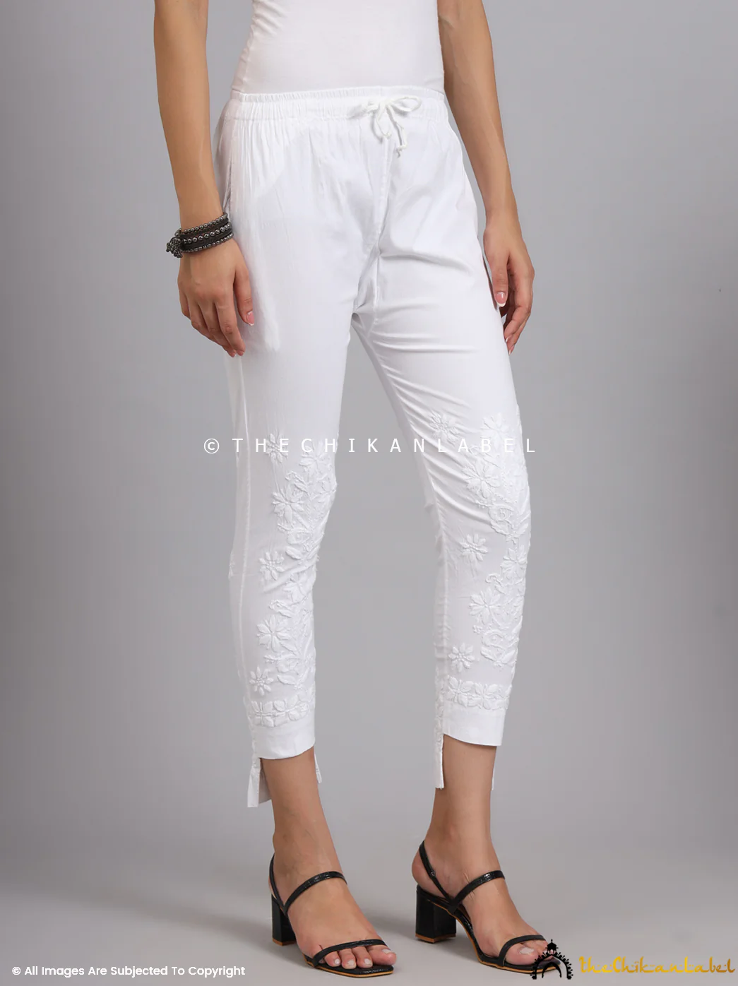 Nahira Lycra Straight Chikankari Cigarette Pant- White - Image 3