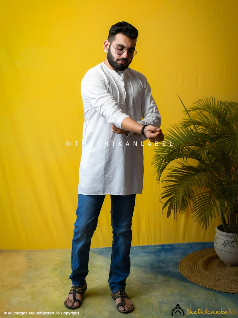 White Nawaab Cotton Mens Chikankari Kurta - Image 3