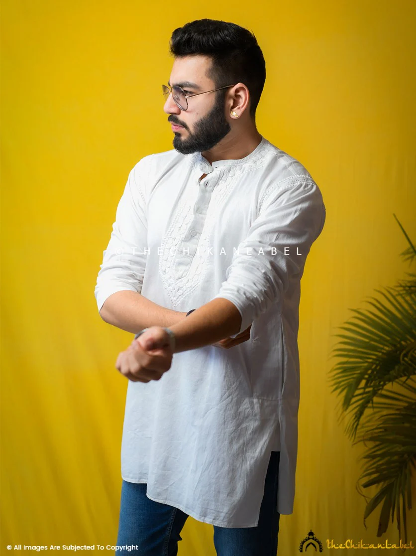 White Nawaab Cotton Mens Chikankari Kurta - Image 4