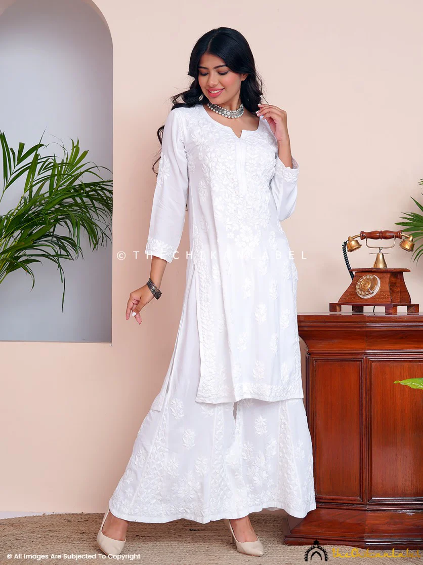 Nazakat Rayon Chikankari Kurti Set - White - Image 10