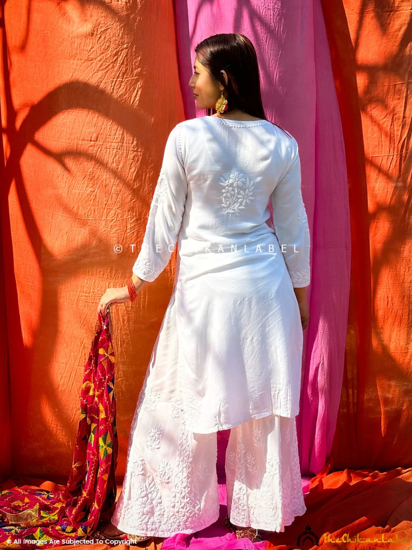 Nazakat Rayon Chikankari Kurti Set - White - Image 11