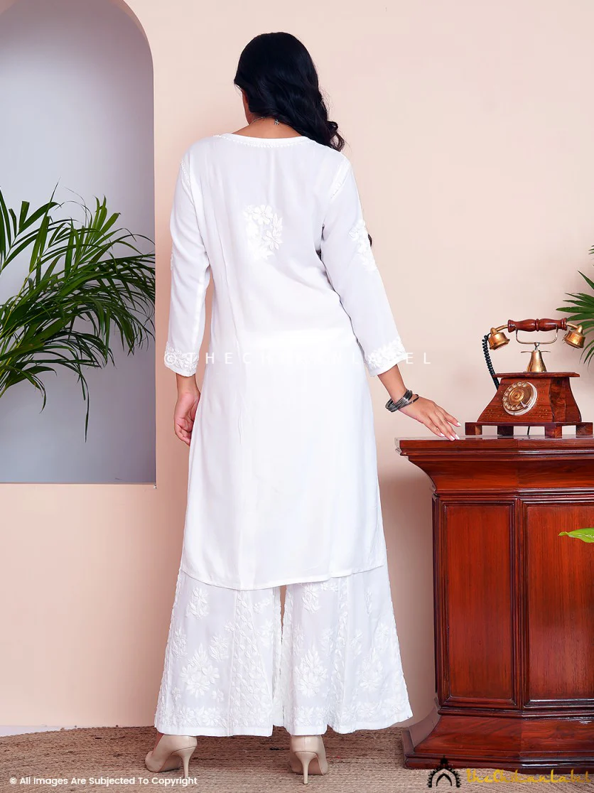 Nazakat Rayon Chikankari Kurti Set - White - Image 3