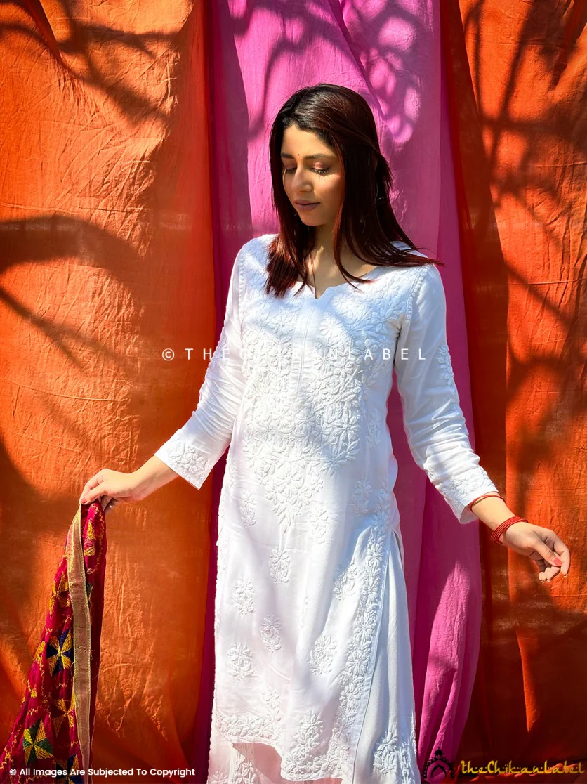 Nazakat Rayon Chikankari Kurti Set - White - Image 4