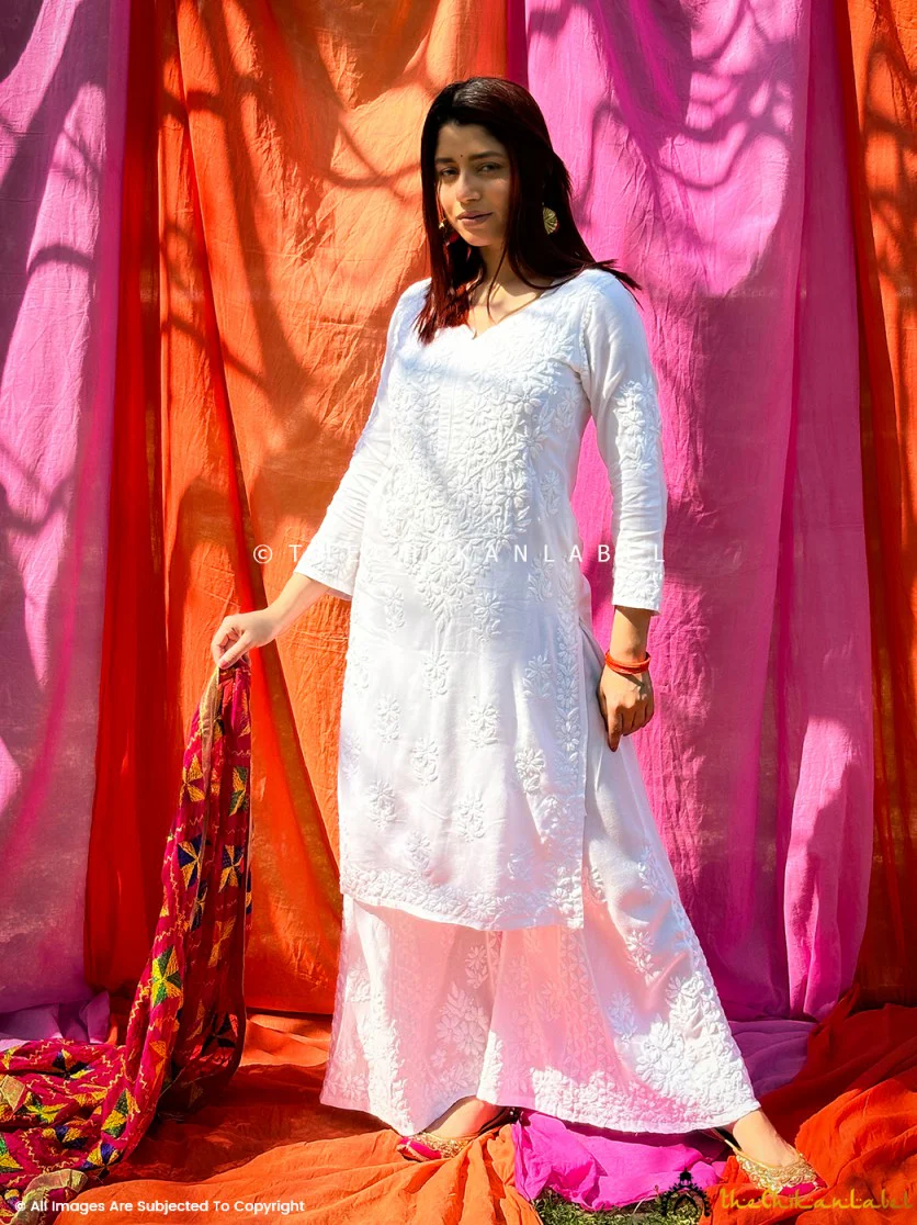 Nazakat Rayon Chikankari Kurti Set - White - Image 5