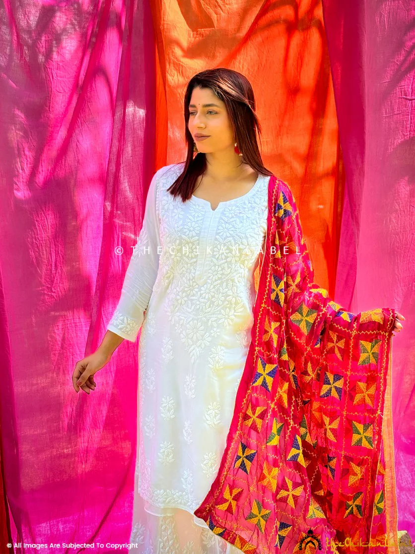 Nazakat Rayon Chikankari Kurti Set - White - Image 6