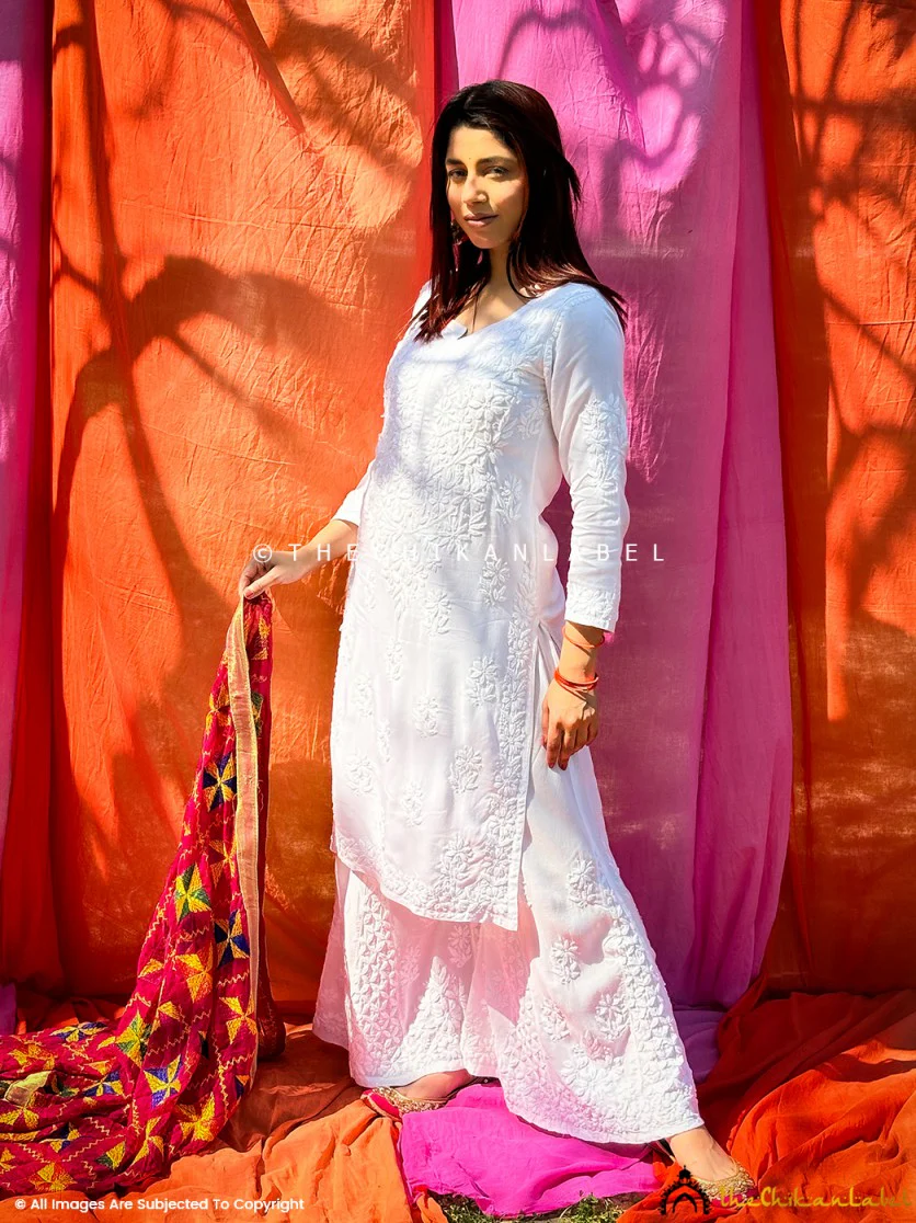 Nazakat Rayon Chikankari Kurti Set - White - Image 7