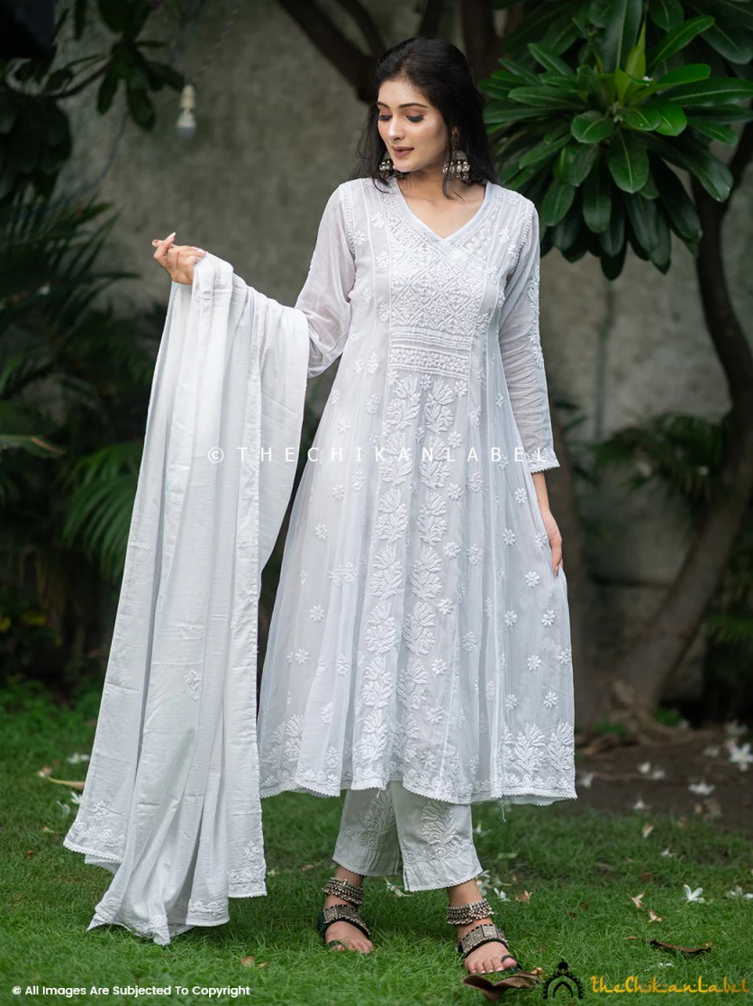 White Nikhat Mulmul Cotton Chikankari Kurta Pant Set with Dupatta - Image 4