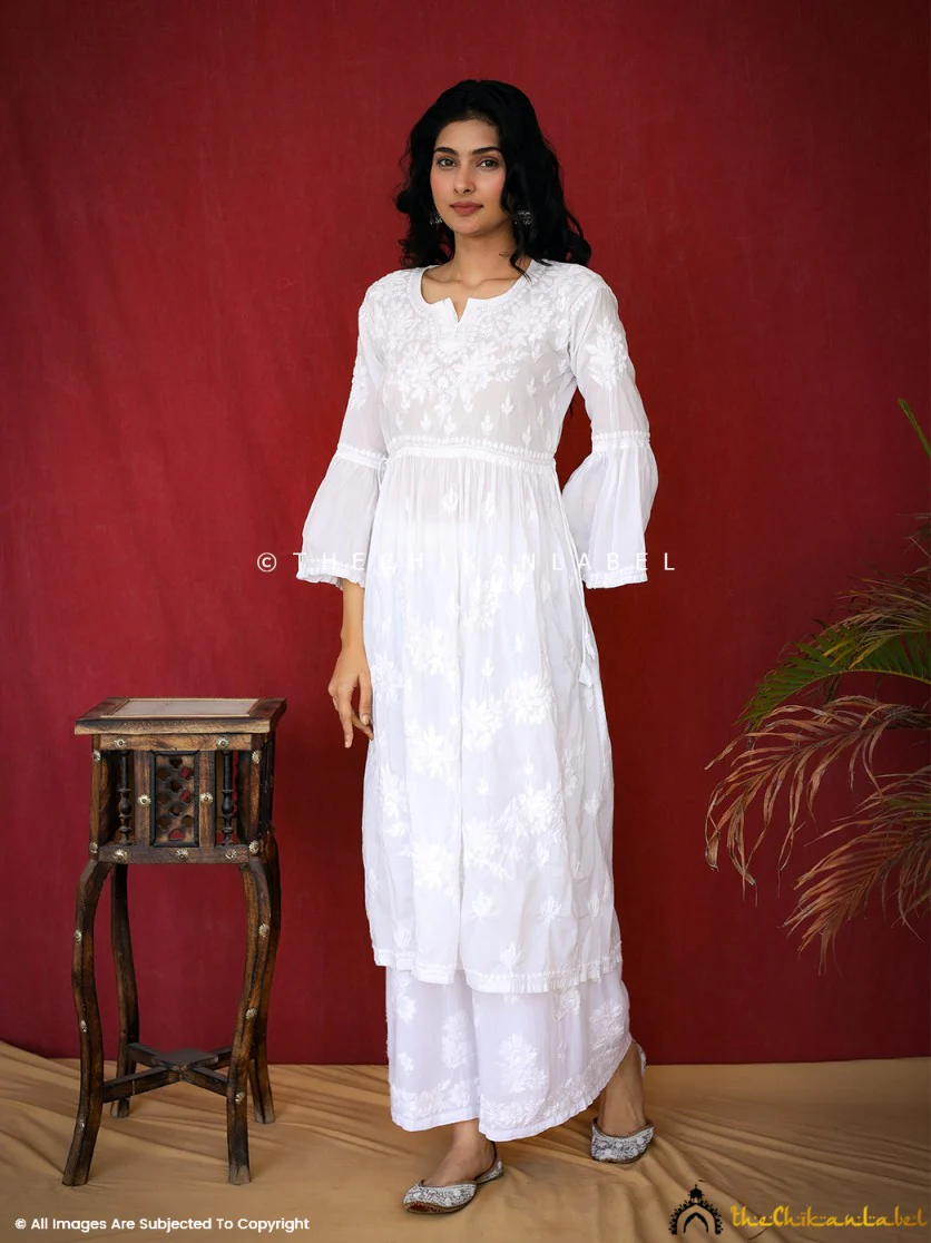 Nisa Mulmul Chiankari A-line Kurti -White - Image 10