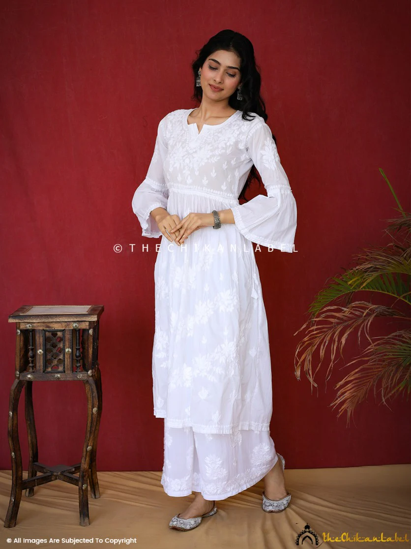 Nisa Mulmul Chiankari A-line Kurti -White - Image 11