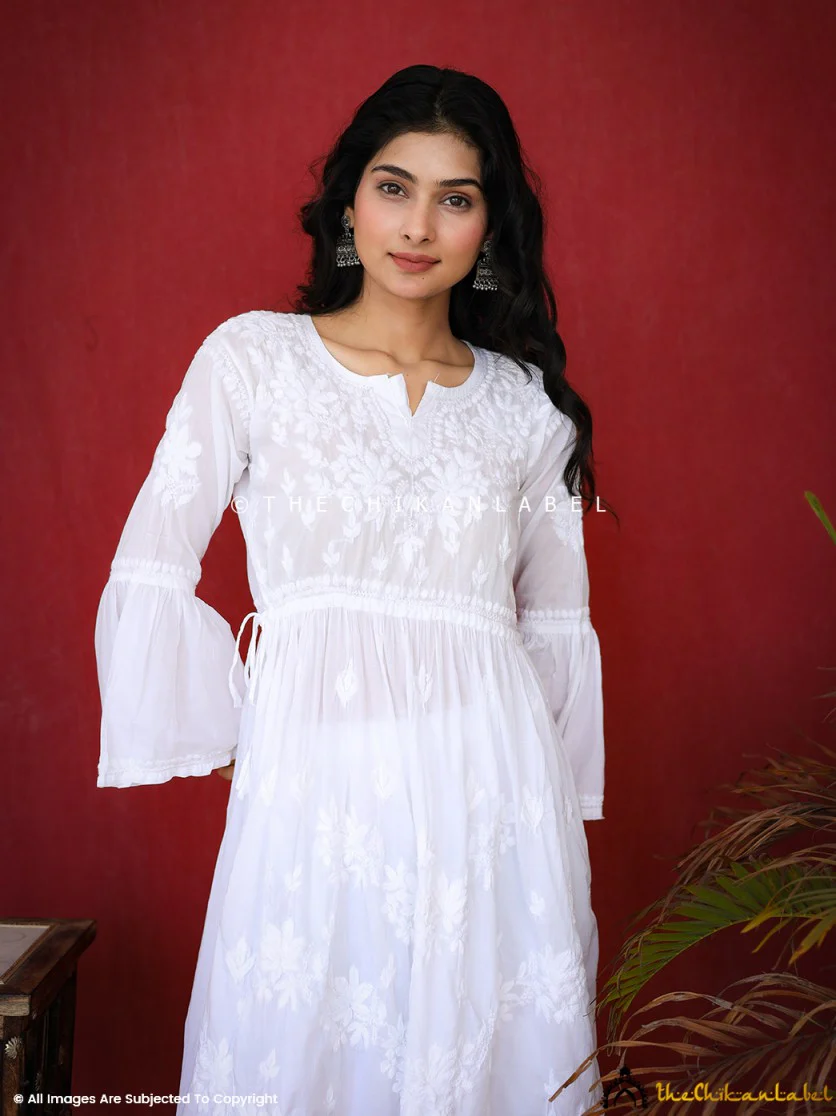 Nisa Mulmul Chiankari A-line Kurti -White - Image 12