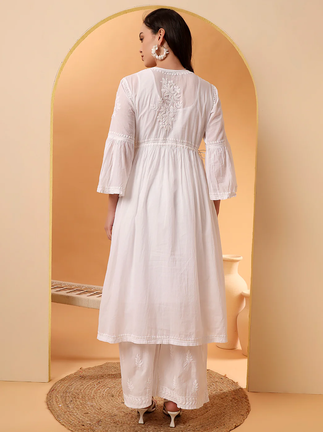 Nisa Mulmul Chiankari A-line Kurti -White - Image 3