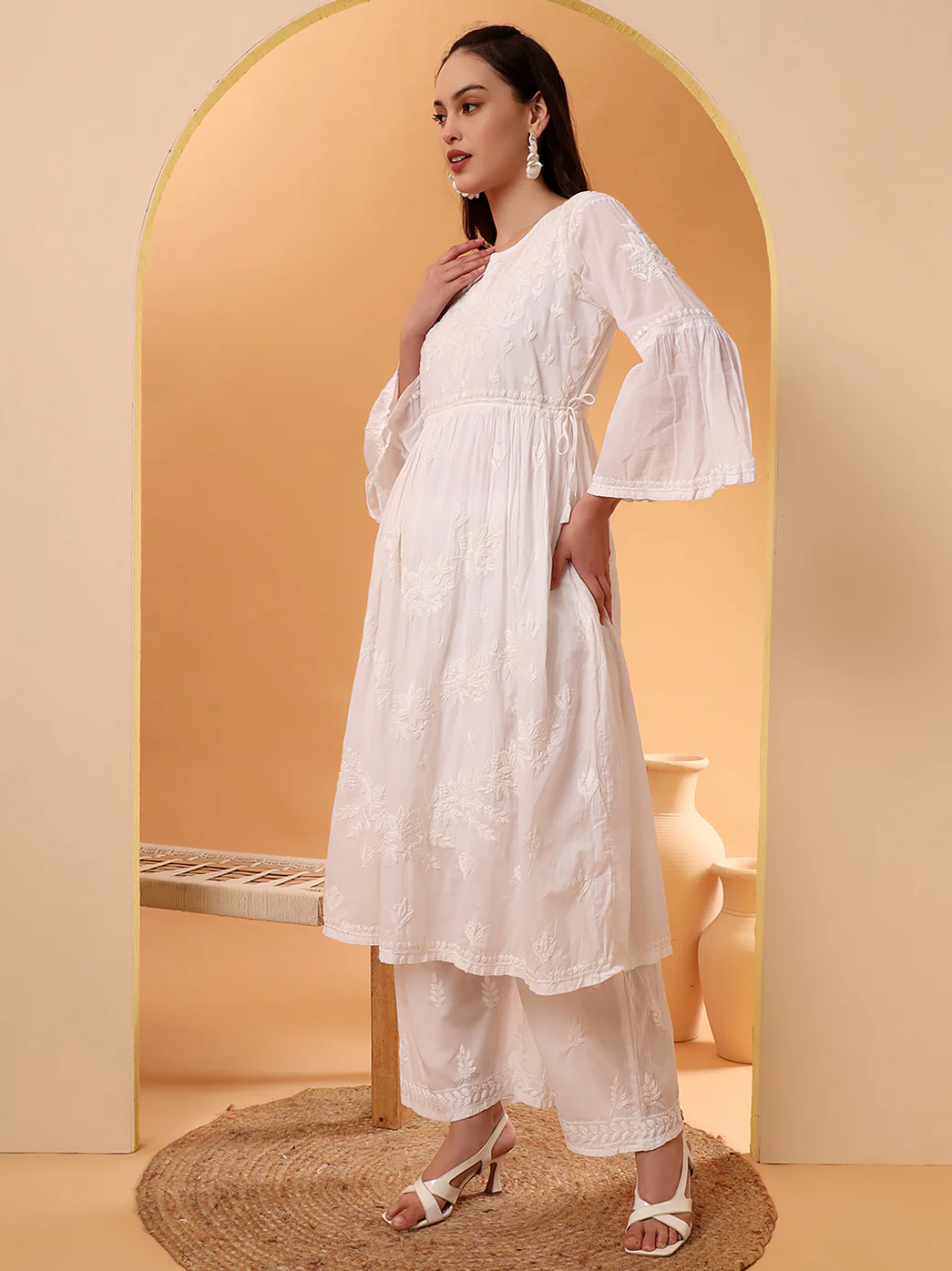 Nisa Mulmul Chiankari A-line Kurti -White - Image 4