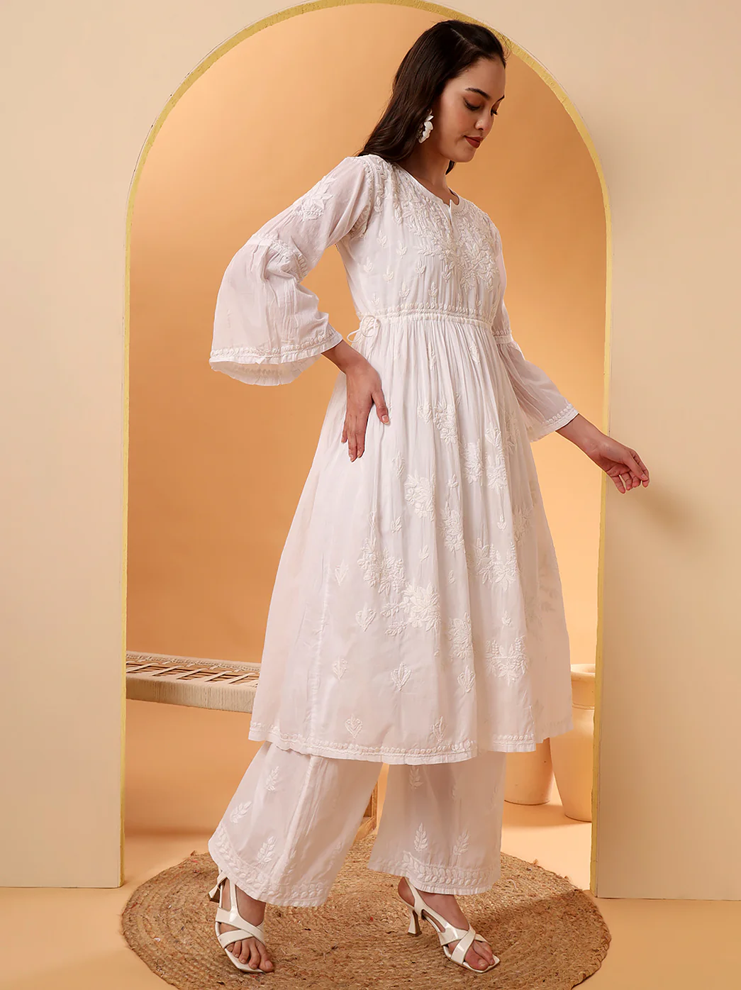 Nisa Mulmul Chiankari A-line Kurti -White - Image 5