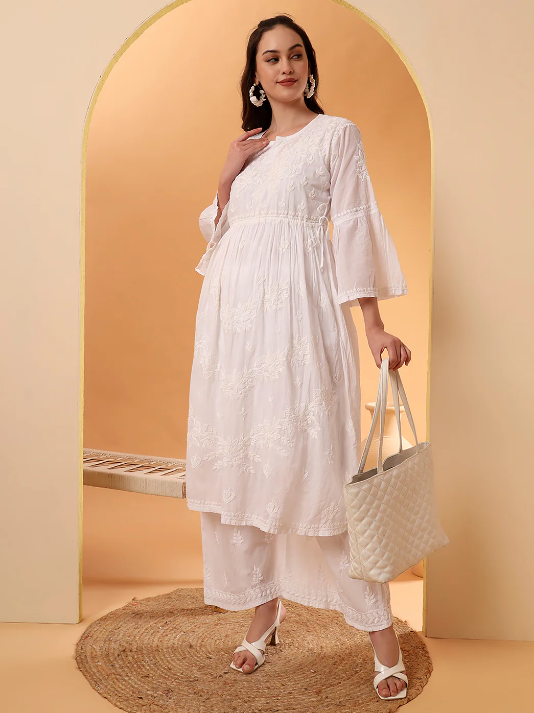 Nisa Mulmul Chiankari A-line Kurti -White - Image 6