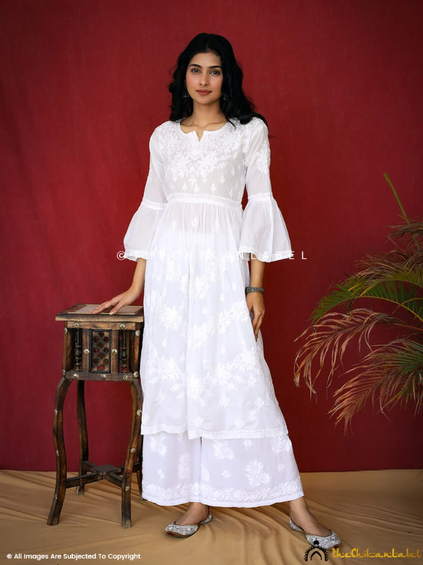 Nisa Mulmul Chiankari A-line Kurti -White - Image 7