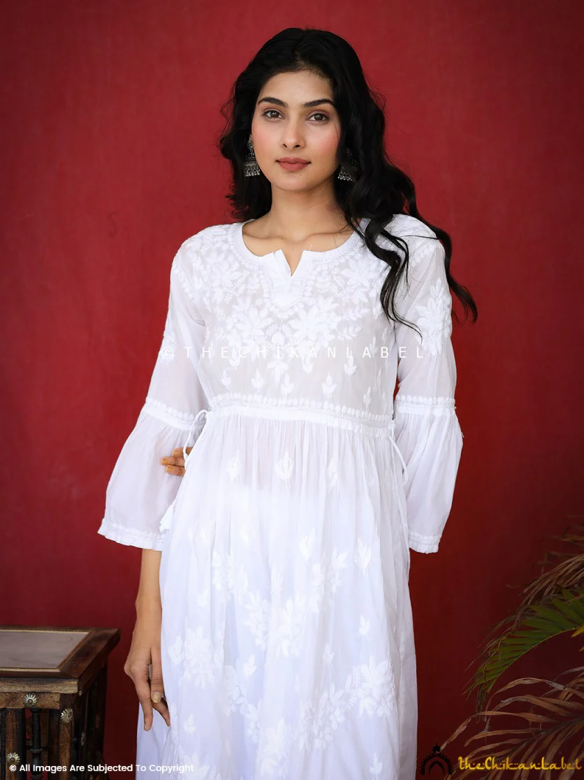 Nisa Mulmul Chiankari A-line Kurti -White - Image 8