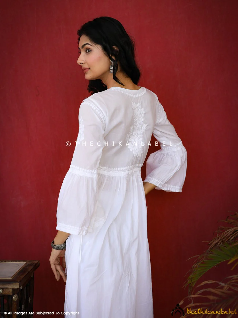 Nisa Mulmul Chiankari A-line Kurti -White - Image 9