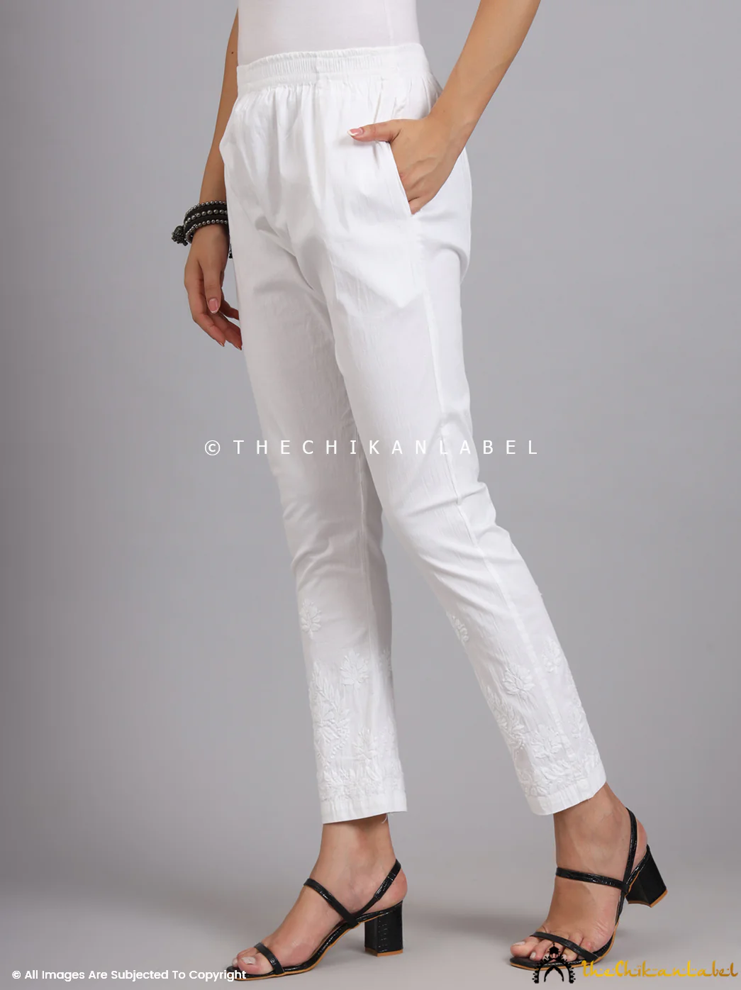 Omya Lycra Straight Chikankari Cigarette Pant - White - Image 3