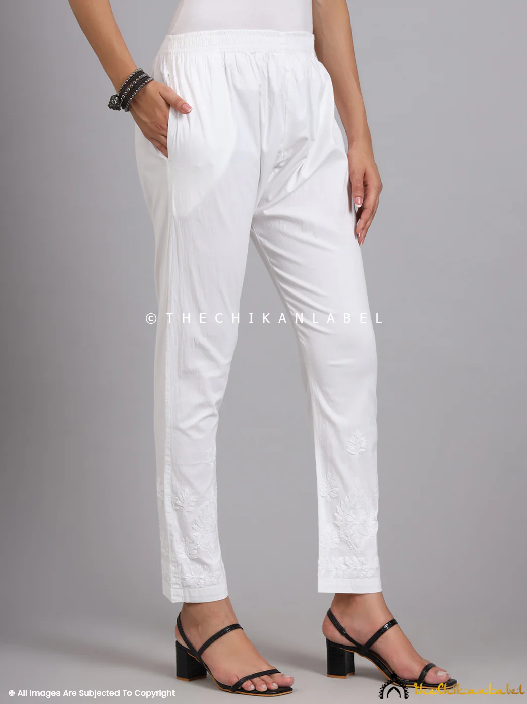 Omya Lycra Straight Chikankari Cigarette Pant - White - Image 4