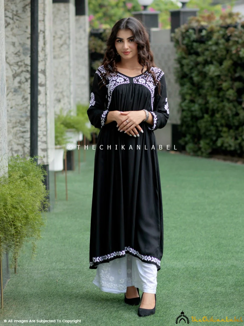Alia Modal Chikankari Anarkali - White On Black - Image 3
