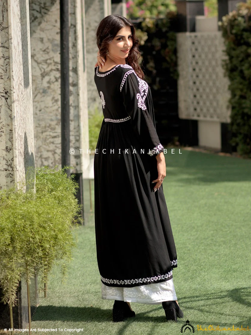 Alia Modal Chikankari Anarkali - White On Black - Image 4