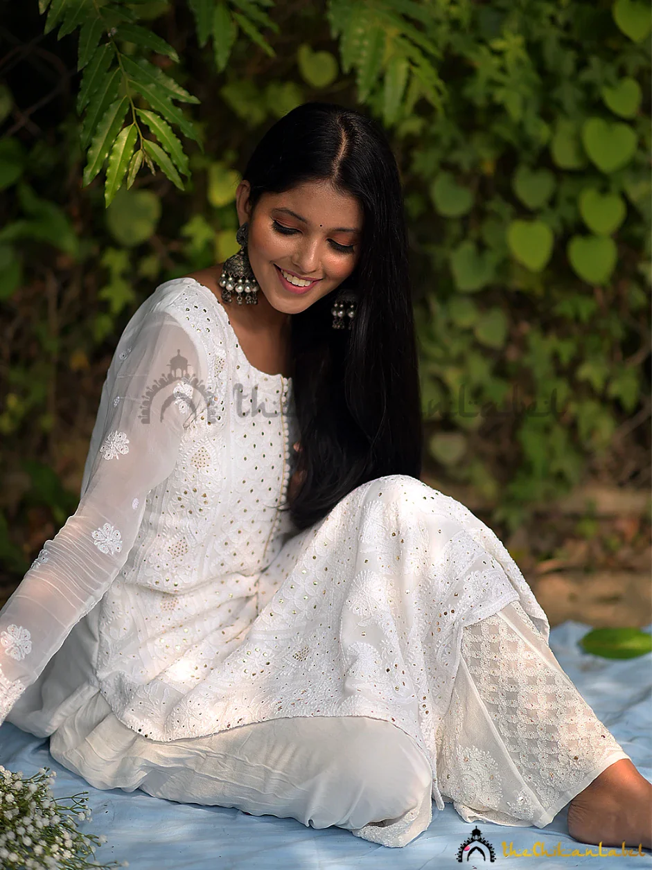 White Premium Mukaish Viscose Kurti with Attached Inner - Image 3