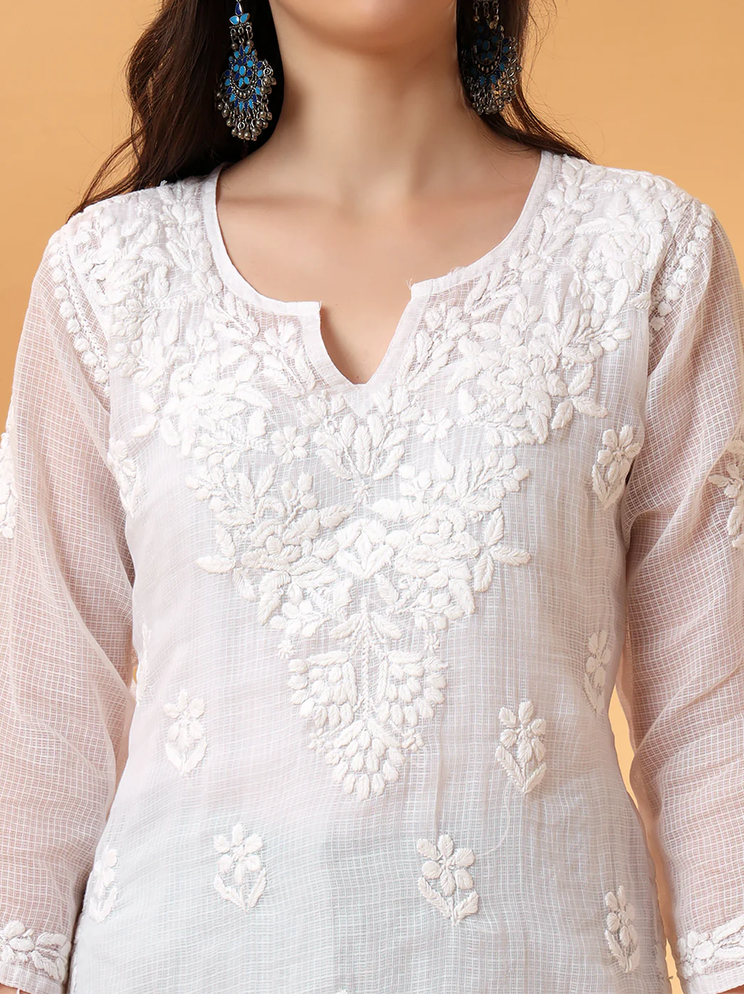 White Rajia Kota Cotton Short Chikankari Kurti - Image 2