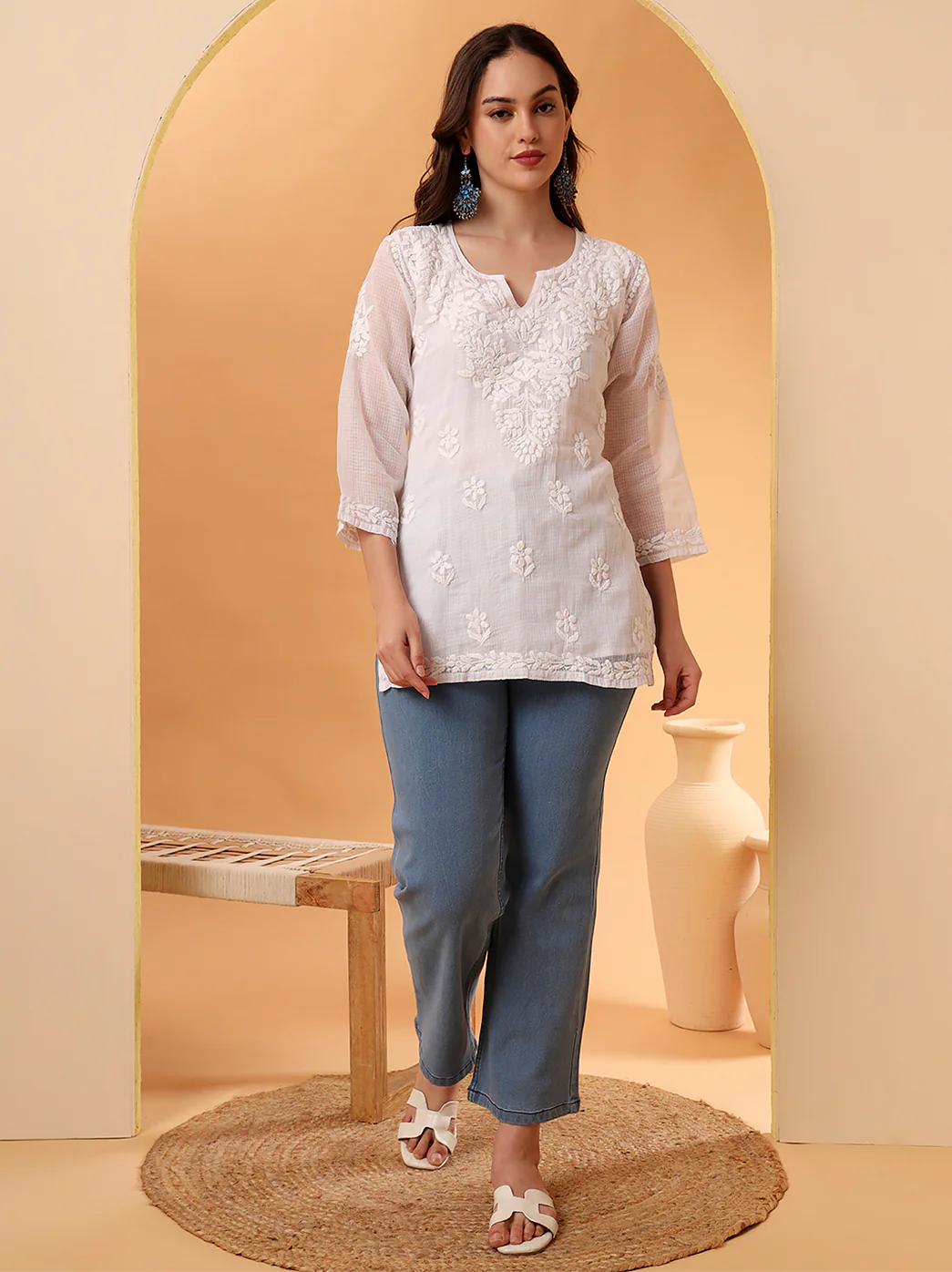White Rajia Kota Cotton Short Chikankari Kurti - Image 3