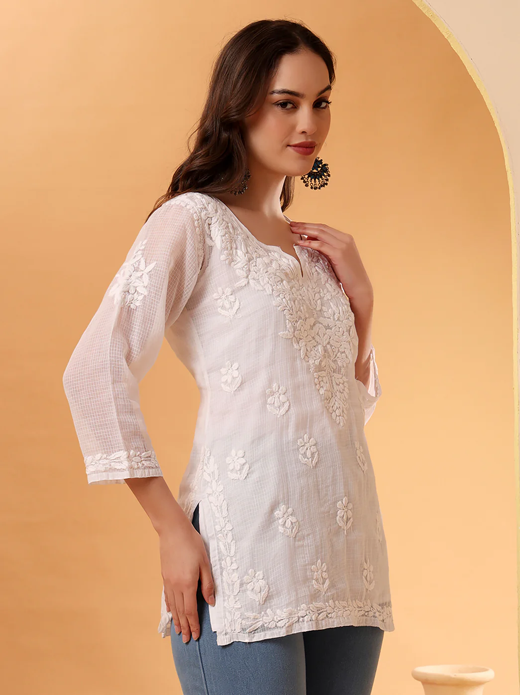 White Rajia Kota Cotton Short Chikankari Kurti - Image 4