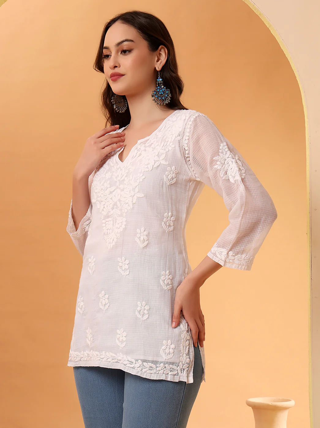 White Rajia Kota Cotton Short Chikankari Kurti - Image 5