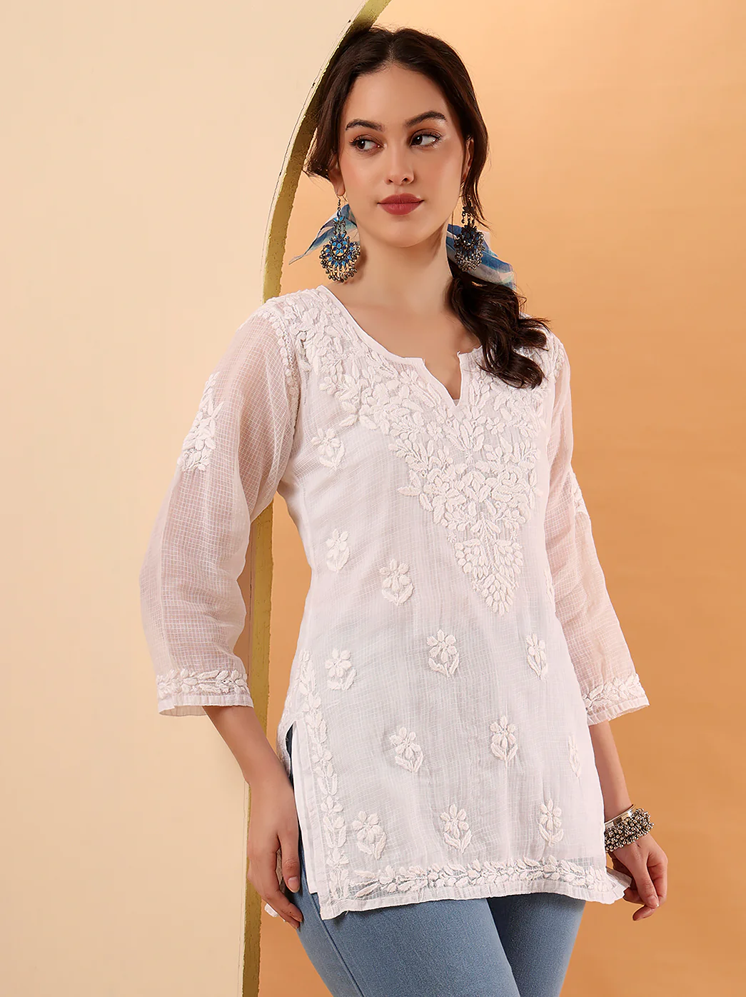 White Rajia Kota Cotton Short Chikankari Kurti - Image 6