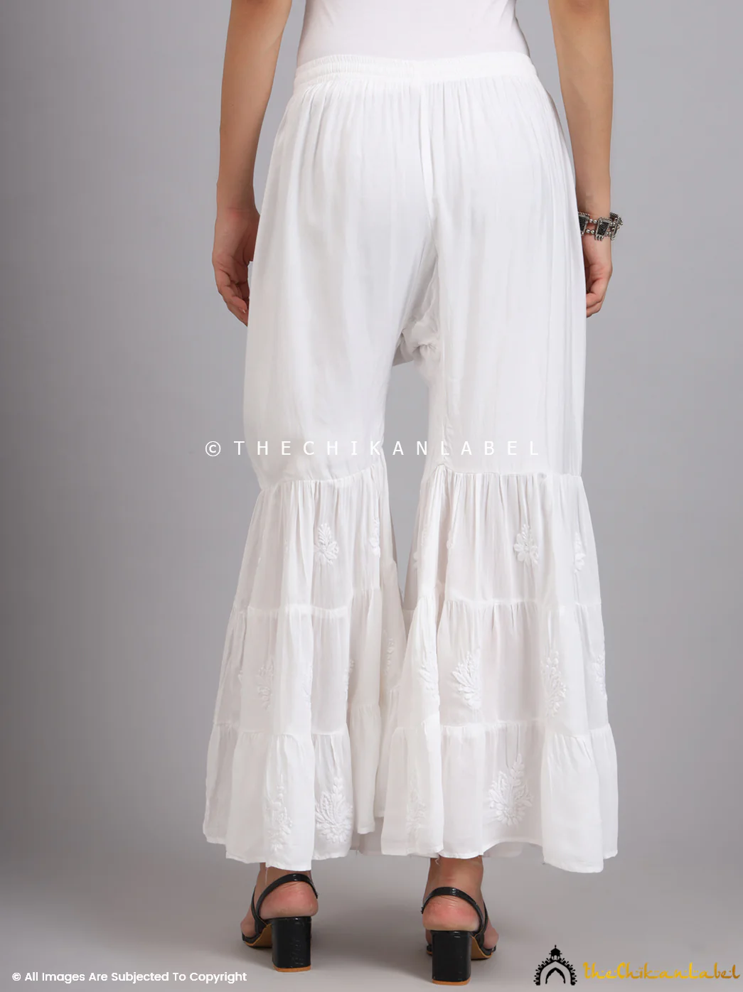 White Rawiya Muslin Three Layer Chikankari Garara - Image 4