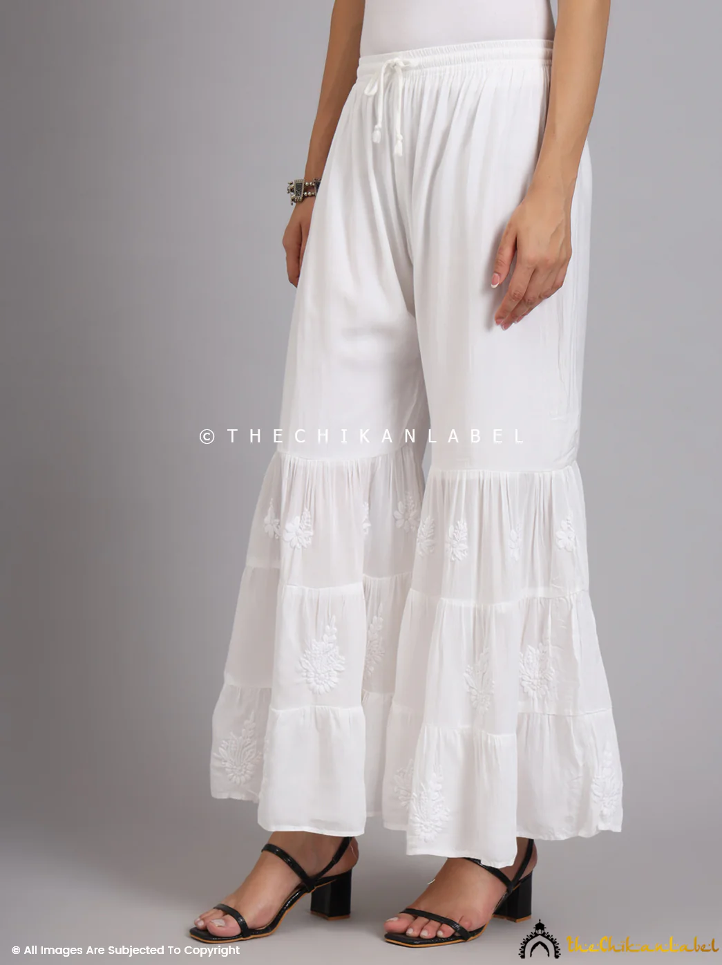 White Rawiya Muslin Three Layer Chikankari Garara - Image 5