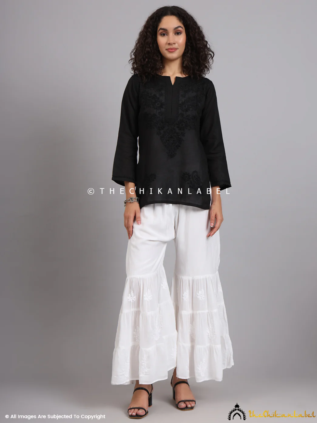 White Rawiya Muslin Three Layer Chikankari Garara - Image 6