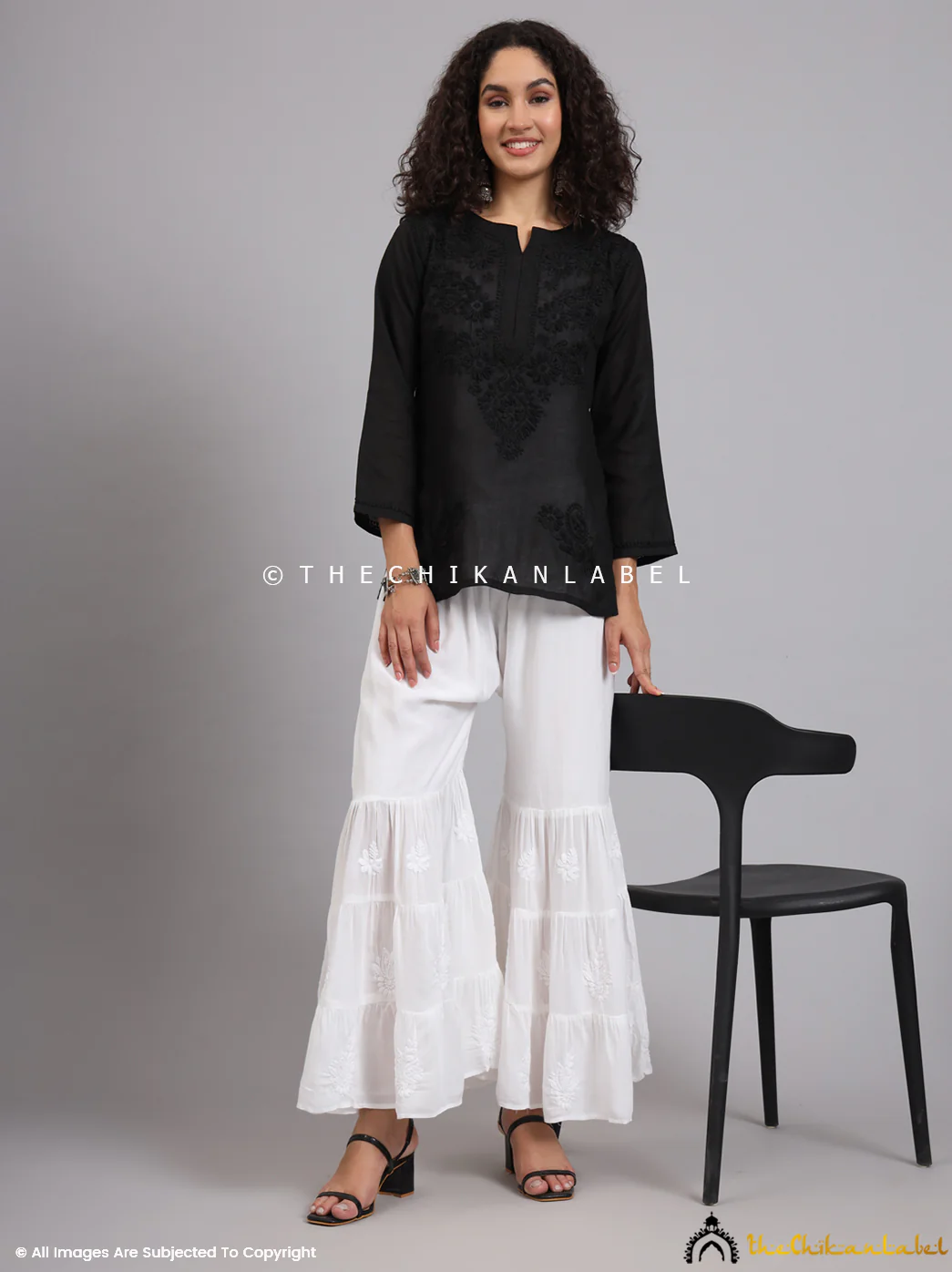 White Rawiya Muslin Three Layer Chikankari Garara - Image 7