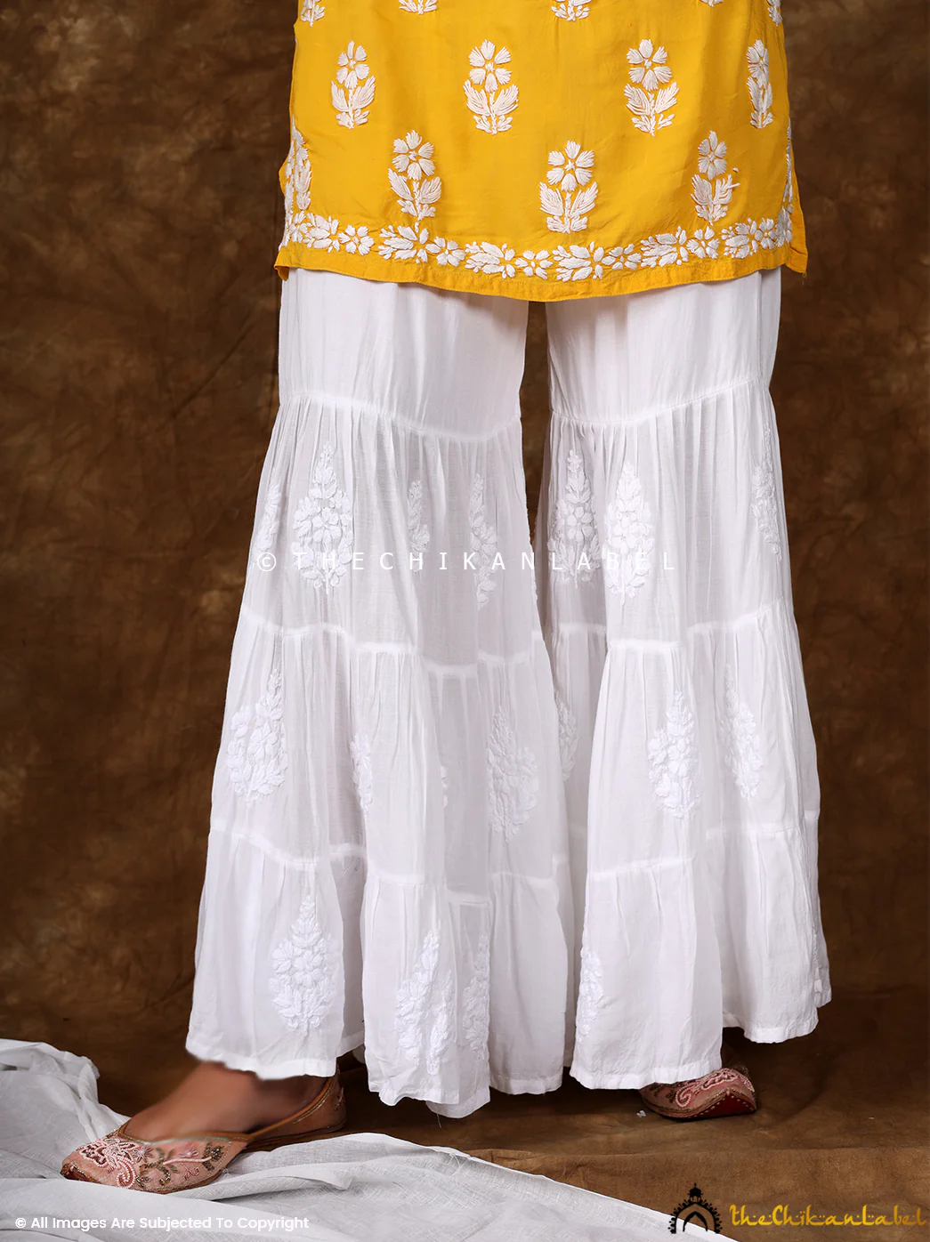 White Rawiya Muslin Three Layer Chikankari Garara - Image 8